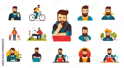 Collection of character icons showing a bearded man in different activities like cycling, reading, cooking, and being with family.