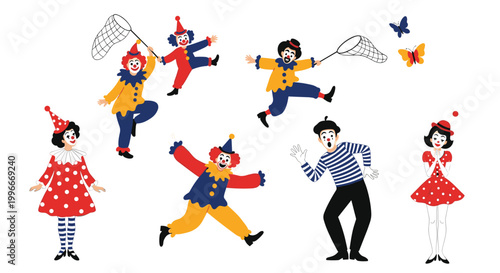 Funny group of circus performers including various clowns in colorful costumes catching butterflies and a mime in a striped shirt.