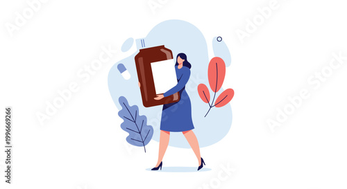 Conceptual illustration of a woman carrying a giant bottle of medicine or vitamins to symbolize the importance of health services.