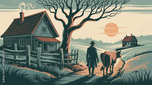 Farmer leading cow past wooden house and bare tree toward distant farm with sun setting
