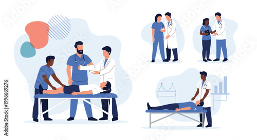 Group of diverse medical professionals including doctors and nurses working together to provide patient care and physical therapy.