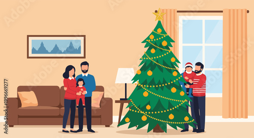 Happy family with small children standing together next to a decorated Christmas tree in their cozy living room during holidays.