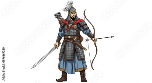 Detailed illustration of an ancient Chinese archer warrior in traditional scaled armor holding a bow and a sword for defense.