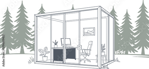 Glass garden office with computer and chair among pine trees with glass house, home office