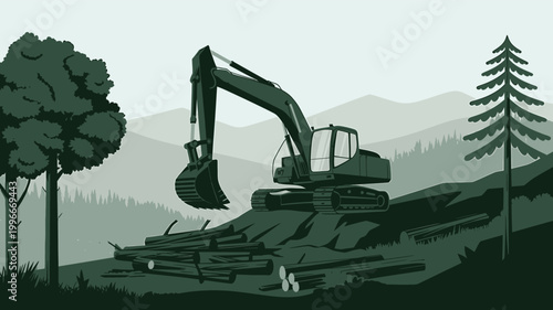 Heavy duty excavator working on a hill with cut timber logs and trees in a stylized flat