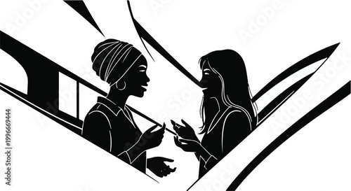 Two diverse women engaged in conversation, sharing ideas and connecting.
