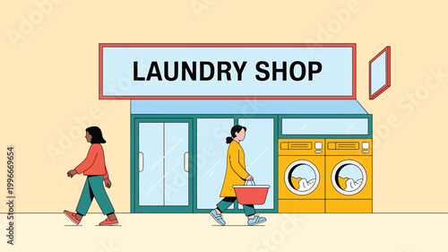 Laundry shop exterior with 2 washing machines and 2 people walking with washing machine