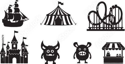 Fun amusement park and arcade sticker set with cute kawaii characters like a ferris wheel, cotton candy, and video games.