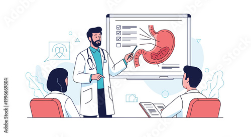 Knowledgeable male doctor uses a large medical diagram of the human stomach to explain digestive health and anatomy to a group of students.