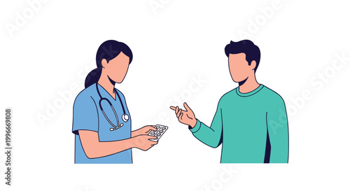 Helpful nurse wearing a blue uniform provides a packet of medication to a male patient while explaining the dosage during a clinic visit.