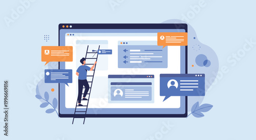 Creative developer climbs a ladder to arrange and organize different windows and UI elements on a large digital screen for a website.