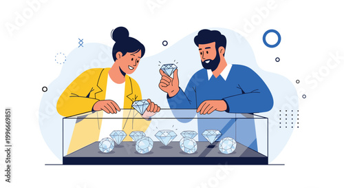 Interested couple admires a collection of sparkling cut diamonds displayed inside a glass case at a luxury jewelry store or exhibition.