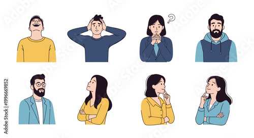 Diverse group of people expressing different emotional states such as laughter, stress, confusion, happiness, and deep contemplation.