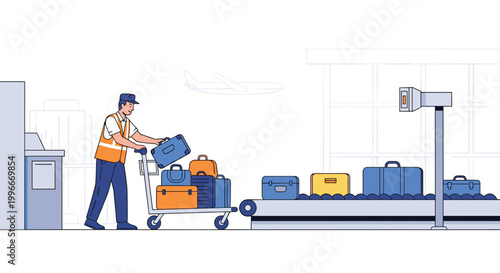 Airport ground crew member wearing a high-visibility vest carefully loads suitcases from a cart onto a moving baggage conveyor belt.