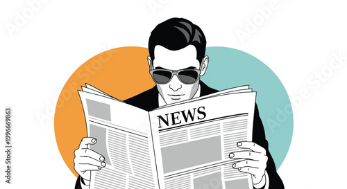 Stylish man in suit and sunglasses reading a newspaper with news headline against a bright colorful circular background.
