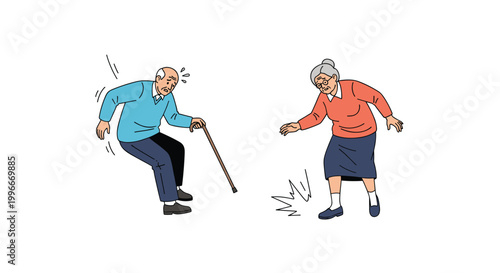 Elderly couple experiencing a fall or stumble while walking with one man using a wooden cane for support against white background.