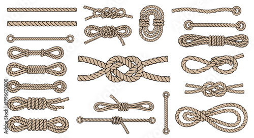 Extensive collection of various nautical and climbing rope knots, loops, and lines arranged on a plain white background.