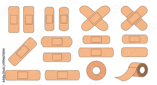 Collection of various adhesive bandages, band-aids, and medical tape in different shapes and sizes for first aid treatment.