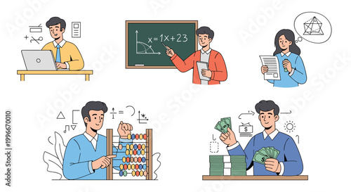 Set of people in various professional roles including a student, teacher, mathematician, and financier engaged in work.