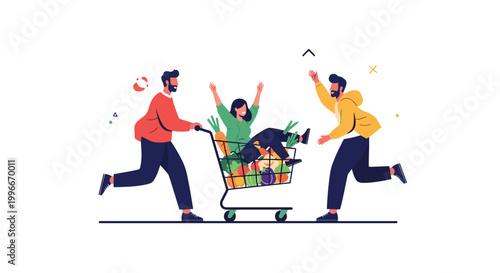 Group of three young friends playing and having fun with a shopping cart filled with fresh vegetables against white background.