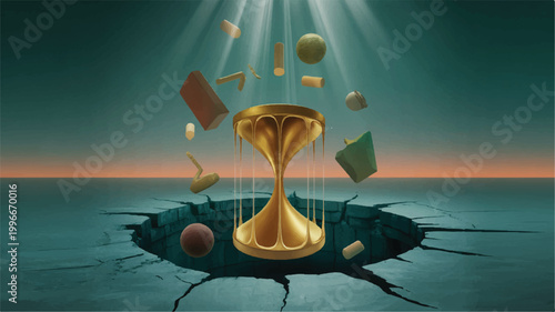 Golden hourglass with melting sand and objects floating in the air on cracked ground