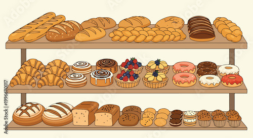 A colorful illustration of a bakery shelf stocked with various breads and pastries