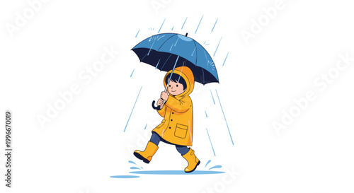 Happy child in a yellow raincoat and boots walking through puddles with a blue umbrella in the rain on a gloomy day.