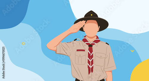 Young male scout in traditional tan uniform and brimmed hat performs a respectful salute against an abstract blue background.