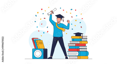 Happy graduate student in cap and gown celebrating academic success by holding a diploma high above stacks of colorful books.