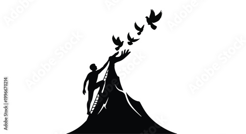Silhouette of a person reaching for the sky as birds fly free from a mountain peak.