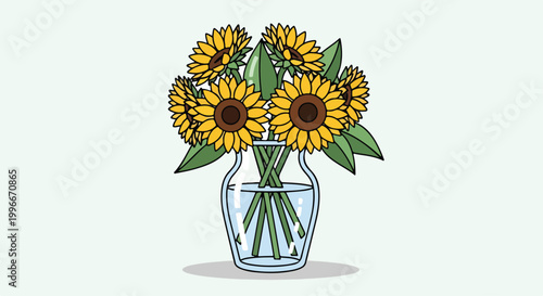 A cartoon drawing of sunflowers in a glass vase