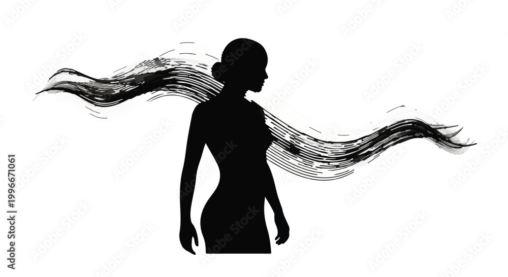 Fototapeta premium Elegant silhouette of a woman with flowing brushstroke hair against a white background.