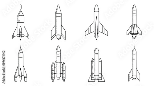 set of space rockets in different angles and designs  illustration