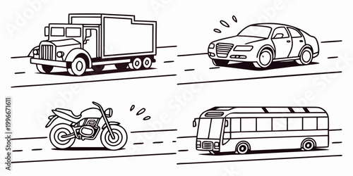 a truck, a car, a motorcycle, and a bus driving on a road Vector