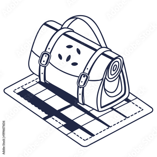 a blue line drawing of a duffel bag on a luggage tag Vector