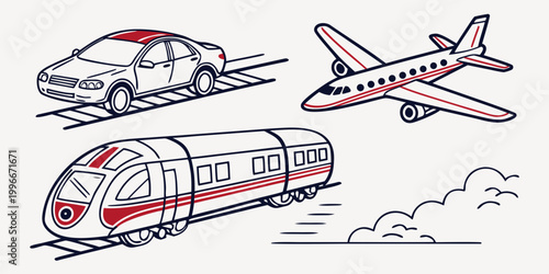 a car train and airplane in motion Vector