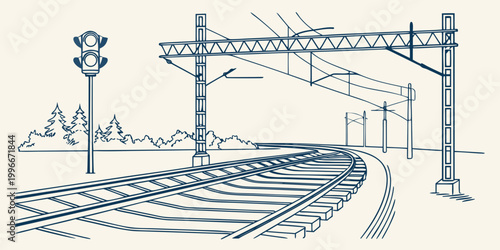a train track with a bridge and a signal light Vector