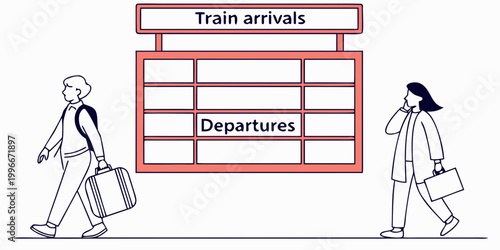 people walking with luggage next to train schedule board Vector