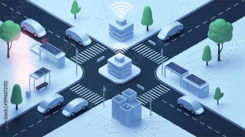 smart city with electric cars and wireless communication towers on road intersection with solar panels and trees