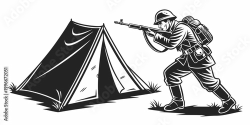 soldier in combat gear aiming rifle near tent Vector