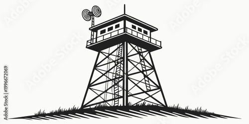 a tall metal fire lookout tower with a small platform and antenna Vector