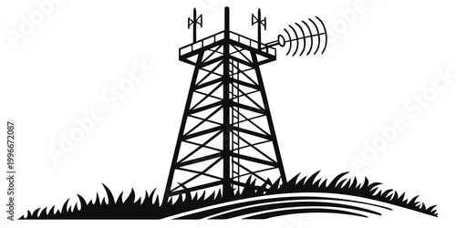 a tall metal communication tower on a grassy hill Vector
