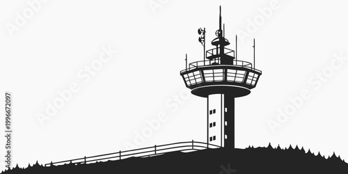 a tall tower with a railing and antennas on top Vector