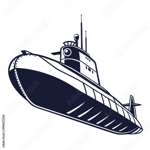 a navy submarine with a streamlined hull and conning tower Vector