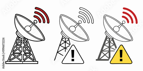 Three satellite dishes with warning signs and signal waves Vector