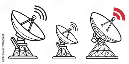 a set of satellite dishes with signal waves Vector