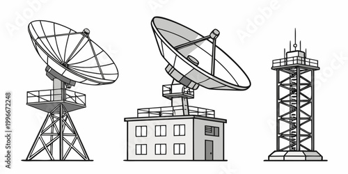 a set of satellite dishes and communication towers Vector