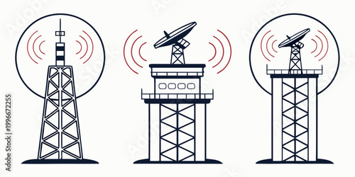 cell towers with satellite dishes on top emitting signals Vector