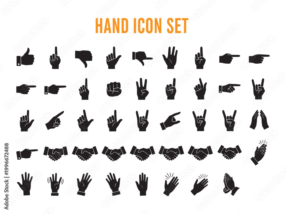 Obraz premium Hand Icon Set: A comprehensive collection of stylized hand gestures and symbols, perfect for conveying various actions, emotions, and concepts in a visually engaging format.