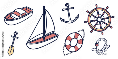 a collection of nautical icons including a life preserver and ship wheel Vector